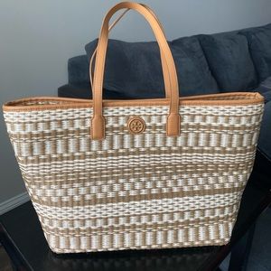 GUC Tory Burch Straw Leather Tan Tote